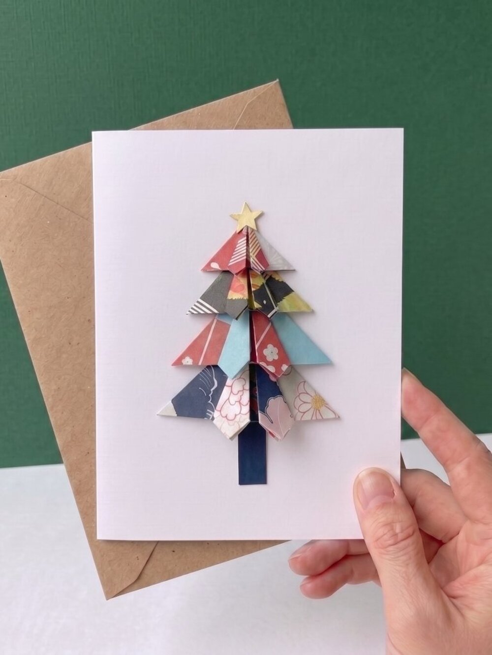 Handmade Origami Christmas Tree Card, Japanese Washi Paper Art, 3D Blank Greetin